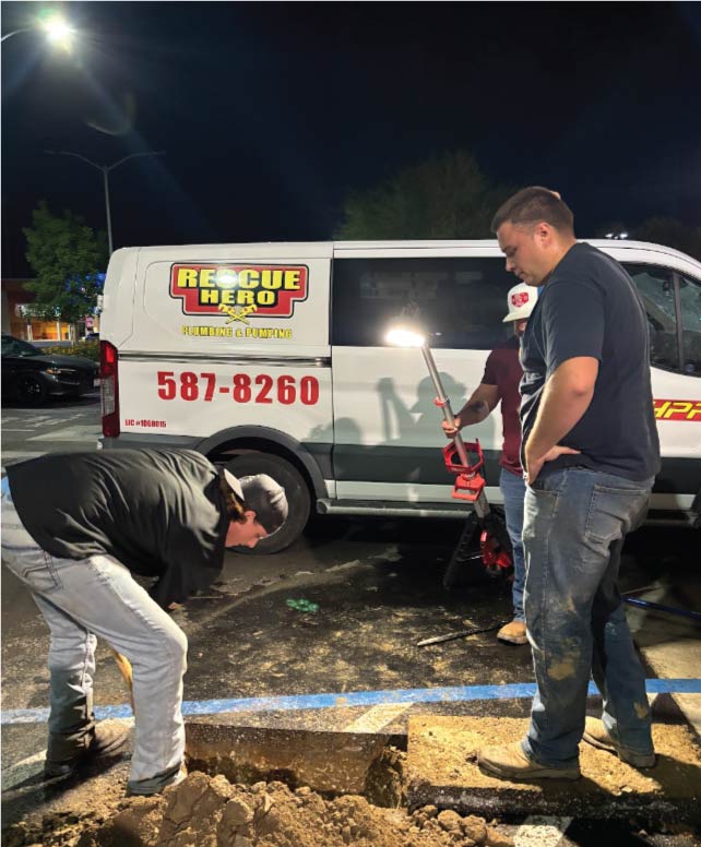 Experienced technicians providing emergency plumbing services for a leaking pipe in Bakersfield.