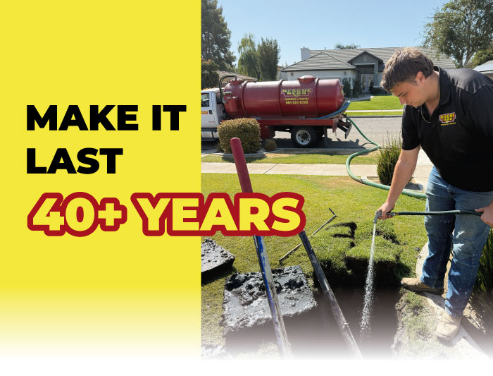 Guide on how long do septic tanks last featuring a Rescue Hero Plumbing technician and tips for 40+ year durability.