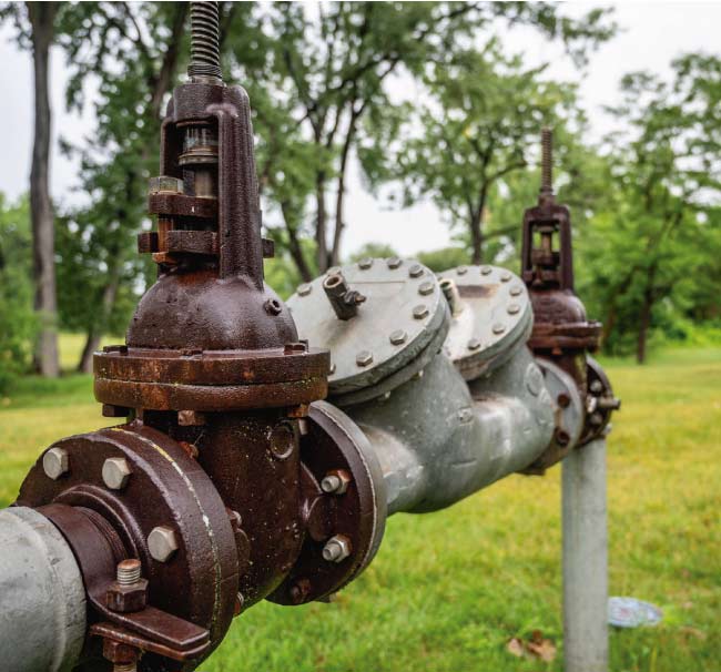 Close-up of a weathered, heavy-duty iron backflow preventer valve with large bolts and test cocks, illustrating the need for routine maintenance and rust prevention.