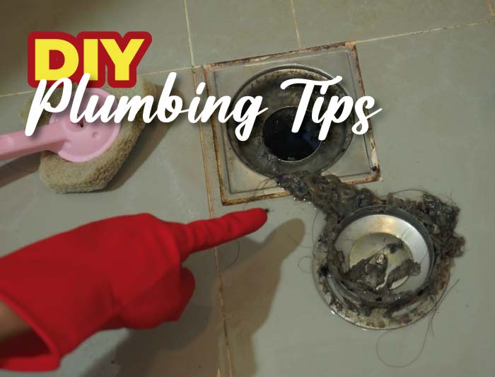 Red gloved hand pointing at a hair clog next to a shower drain with the text overlay "DIY Plumbing Tips," highlighting easy home maintenance solutions.