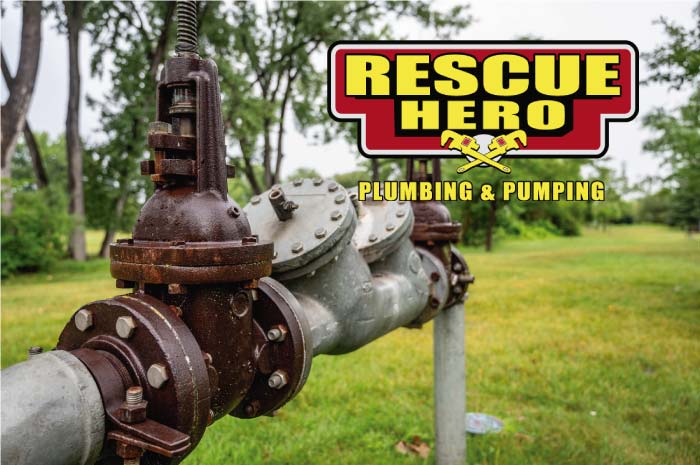 Close-up of an older, weathered industrial water valve in a green park setting, highlighting the durability and maintenance needs of outdoor commercial plumbing systems.