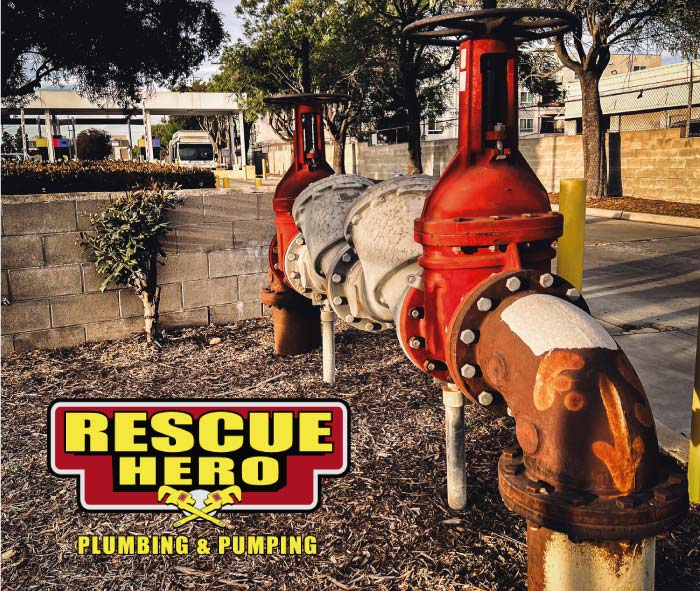 Large red industrial double check valve backflow prevention assembly installed outdoors on concrete supports, designed to protect the public water supply from commercial irrigation contamination.
